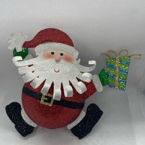 Pier 1 Santa Ornament Metal Glittery 5.5” Very Rare HTF Christmas Bobble Head